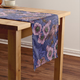 Wren and hellebore, violet and pink short table runner
