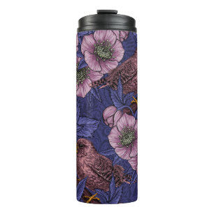 Wren and hellebore, violet and pink thermal tumbler