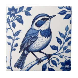 Wren Bird Delft Blue and White Floral Decorative Tile