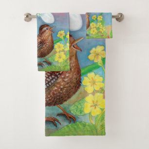 Wren Bird & Snowdrop & Spring   Bath Towel Set