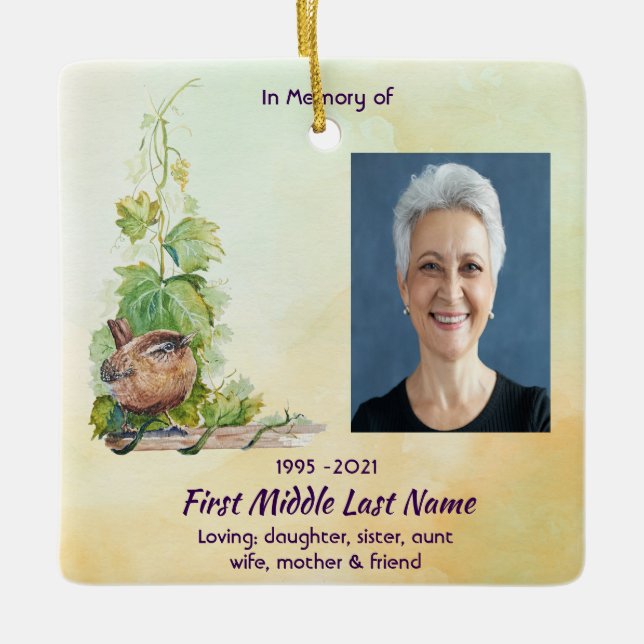  Wren Bird Vineyard Memorial Keepsake Ceramic Ornament (Front)