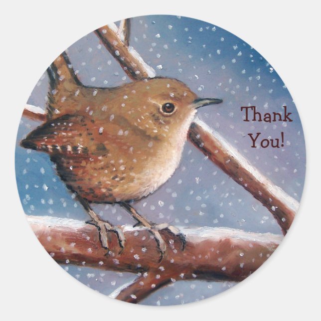 WREN, BIRD, WINTER: THANKYOU STICKERS: ART CLASSIC ROUND STICKER (Front)