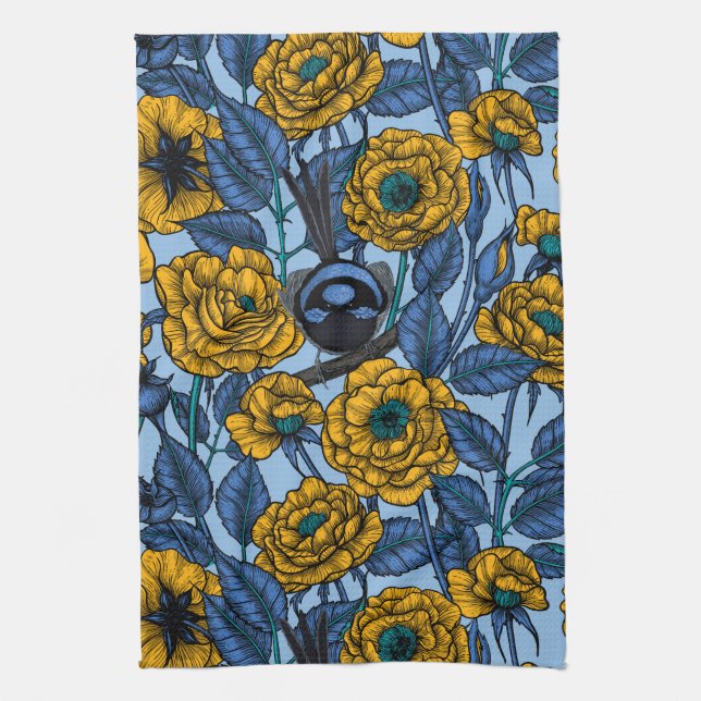 Wren in the roses tea towel (Vertical)