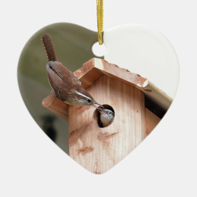 Wren Parents handing off Baby Food. Ceramic Tree Decoration (Front)