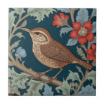 Wren William Morris style Left facing Bird Tile<br><div class="desc">"classy classic art nouveau",  "little brown wren Bird",  "sage green woodland animals",  "british william morris ceramic tile",  "leafy dark navy blue",  "stylish red forest tree leaves",  "left facing vintage english birds",  "wildlife garden animal on branch",  "nature floral flower botanical",  "leaf flowers traditional antique"</div>