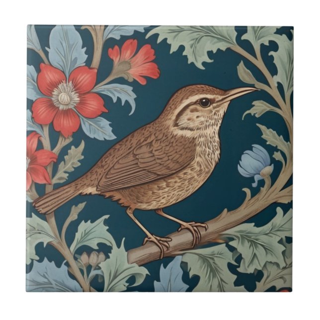 Wren William Morris style Right facing Bird Tile (Front)