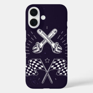 Wrench & Chequered Flag Retro Moto Mechanic iPhone 16 Case