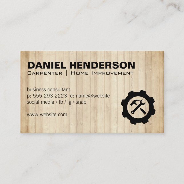 Wrench Hammer Gear Logo | Wood Panels Business Card (Front)