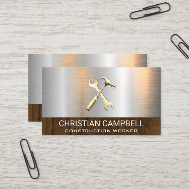 Wrench Hammer Hardware | Metal Wood Business Card (Front/Back In Situ)