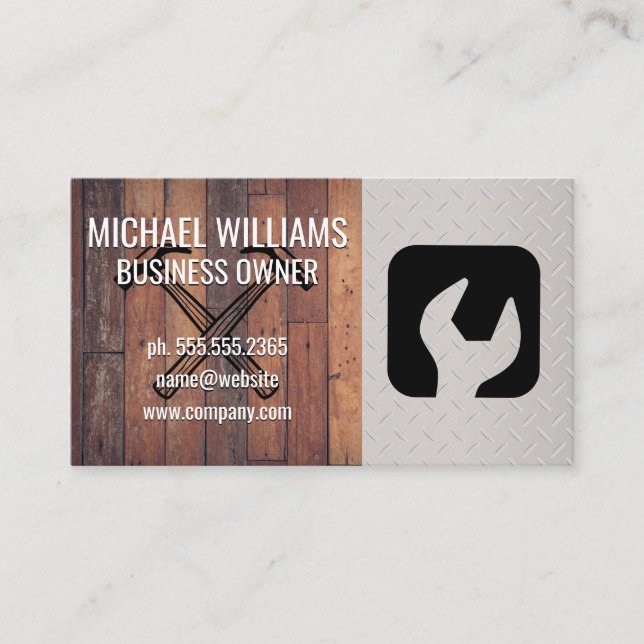 Wrench Hammers | Wood | Metallic Steel Business Card (Front)