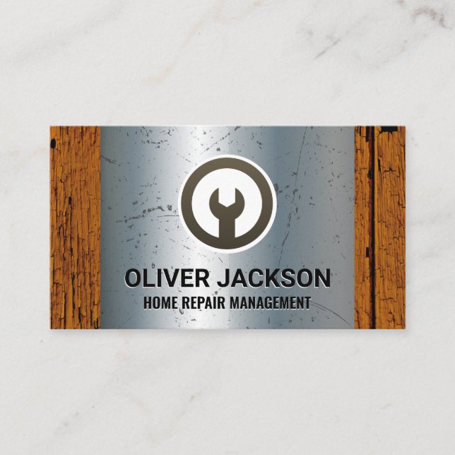 Wrench Icon | Metallic and Old Wood Business Card (Front)