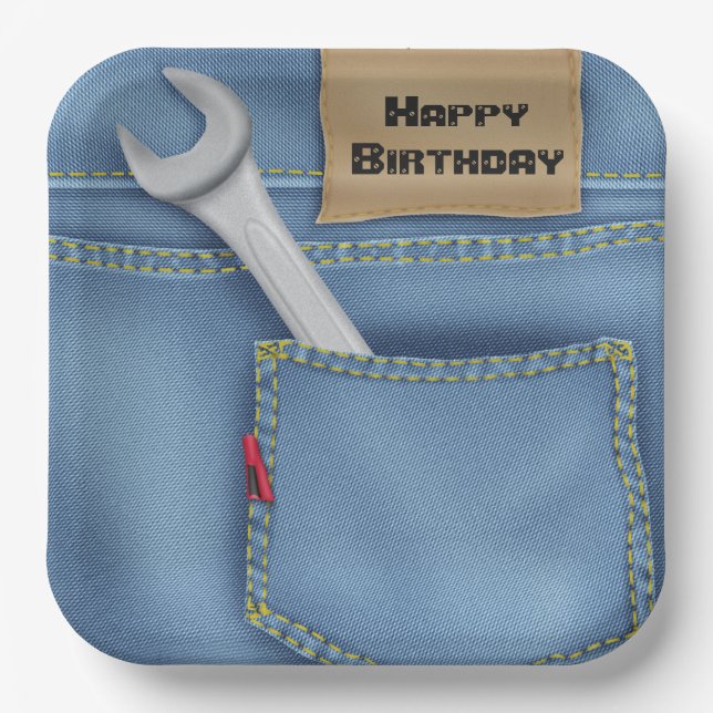 Wrench in Pocket For Birthday Paper Plate (Front)