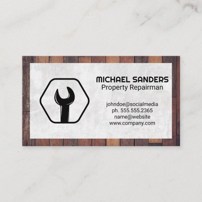Wrench Logo | Wooden Boards Business Card (Front)