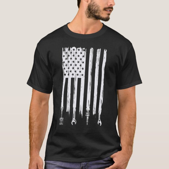 Wrench Piston American Flag Fathers Day Auto Mecha T-Shirt (Front)