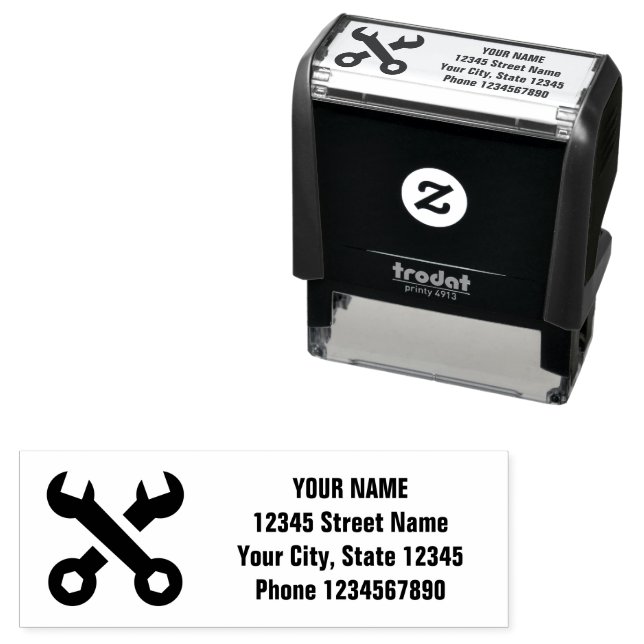 Wrench tool logo custom return address self-inking stamp (In Situ)