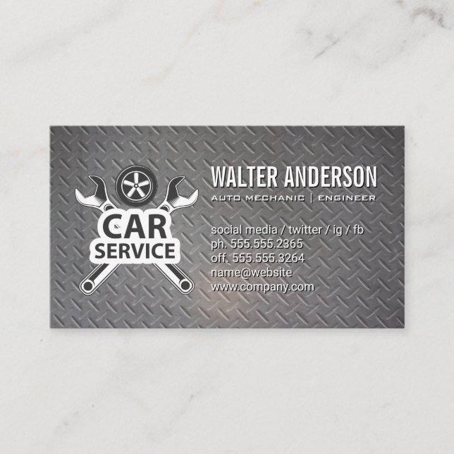 Wrenches and Tire | Auto Service Logo | Metal Business Card (Front)