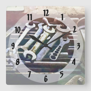 Wrenches in Machine Shop Square Wall Clock