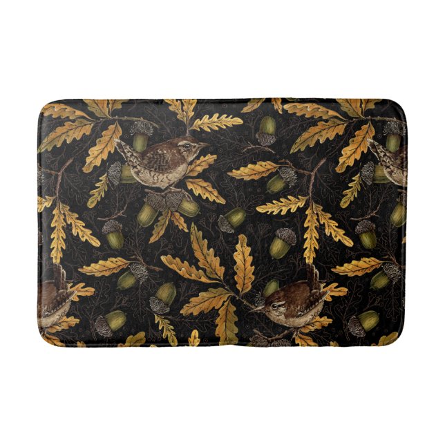 Wrens and acorns on black bath mat (Front)