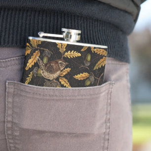 Wrens and acorns on black hip flask