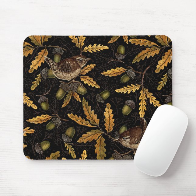 Wrens and acorns on black mouse mat (With Mouse)