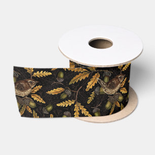 Wrens and acorns on black satin ribbon