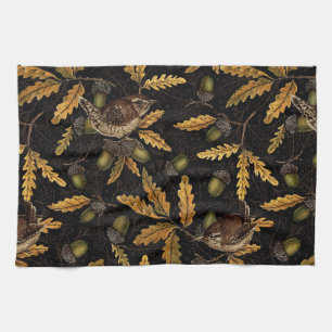 Wrens and acorns on black tea towel