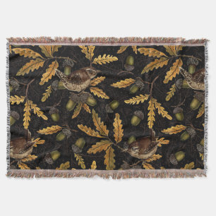 Wrens and acorns on black throw blanket