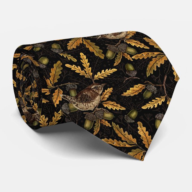 Wrens and acorns on black tie (Rolled)