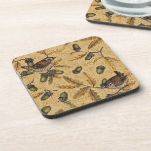 Wrens and acorns on honey coaster