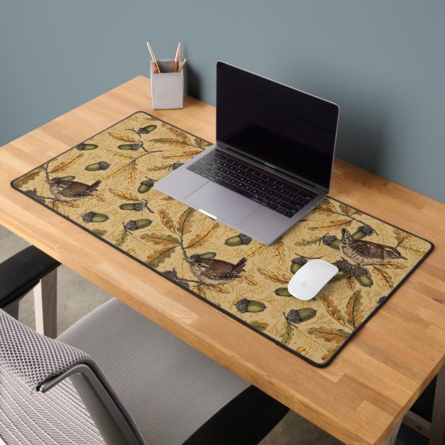 Wrens and acorns on honey desk mat (Office 2)