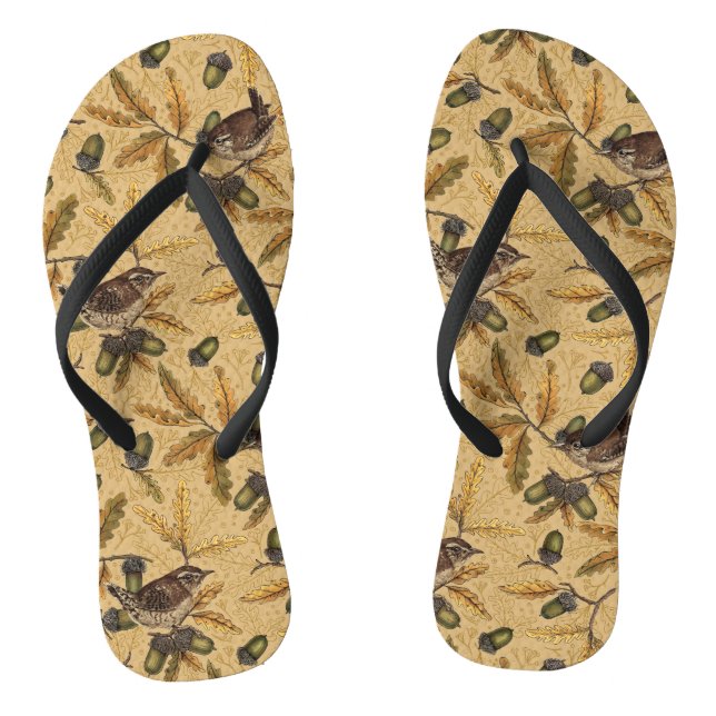 Wrens and acorns on honey flip flops (Footbed)