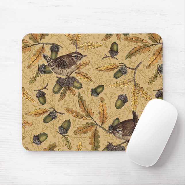 Wrens and acorns on honey mouse mat (With Mouse)