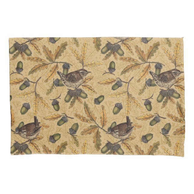 Wrens and acorns on honey pillowcase (Front-Left)