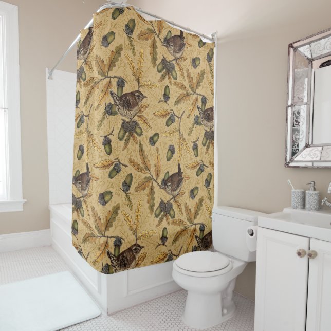 Wrens and acorns on honey shower curtain (In Situ)
