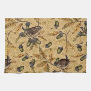 Wrens and acorns on honey tea towel