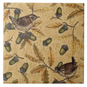 Wrens and acorns on honey tile