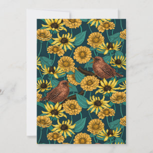 Wrens and flowers on dark blue