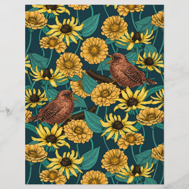 Wrens and flowers on dark blue (Front)