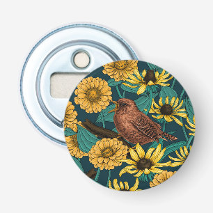 Wrens and flowers on dark blue bottle opener