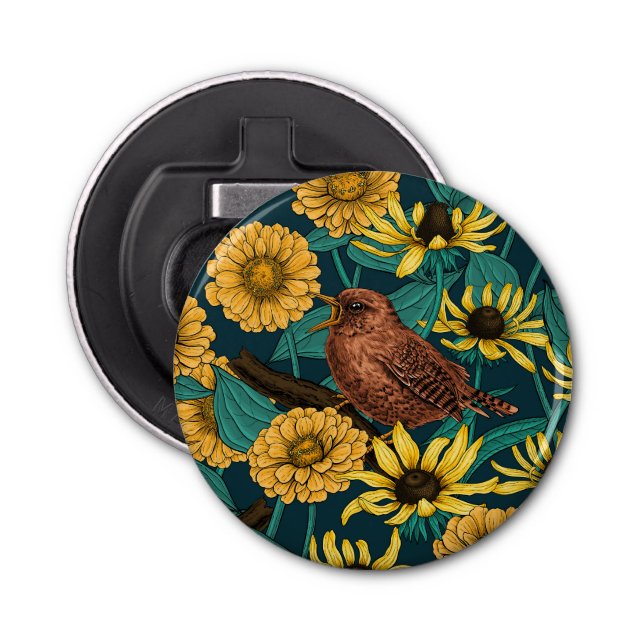 Wrens and flowers on dark blue bottle opener (Front)