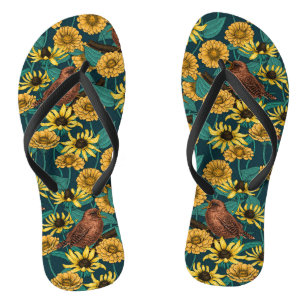 Wrens and flowers on dark blue flip flops