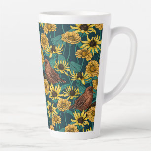 Wrens and flowers on dark blue latte mug