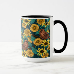 Wrens and flowers on dark blue mug