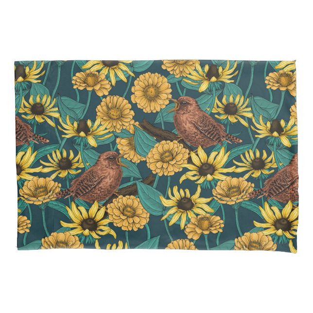 Wrens and flowers on dark blue pillowcase (Front-Left)