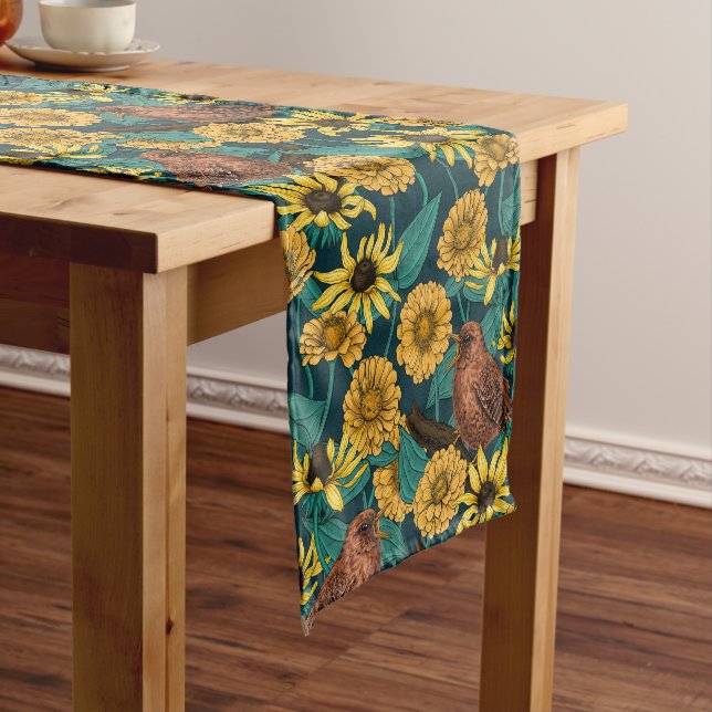 Wrens and flowers on dark blue short table runner (In Situ)