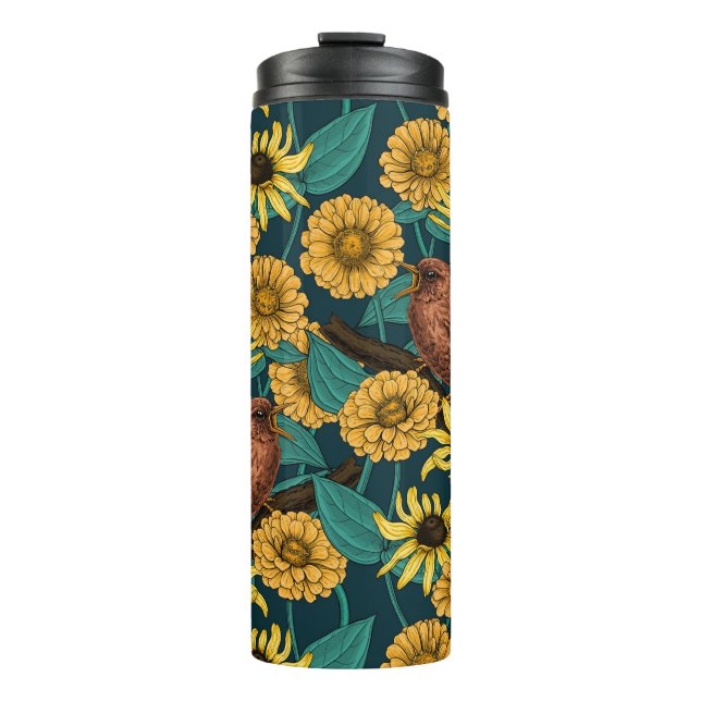 Wrens and flowers on dark blue thermal tumbler (Front)