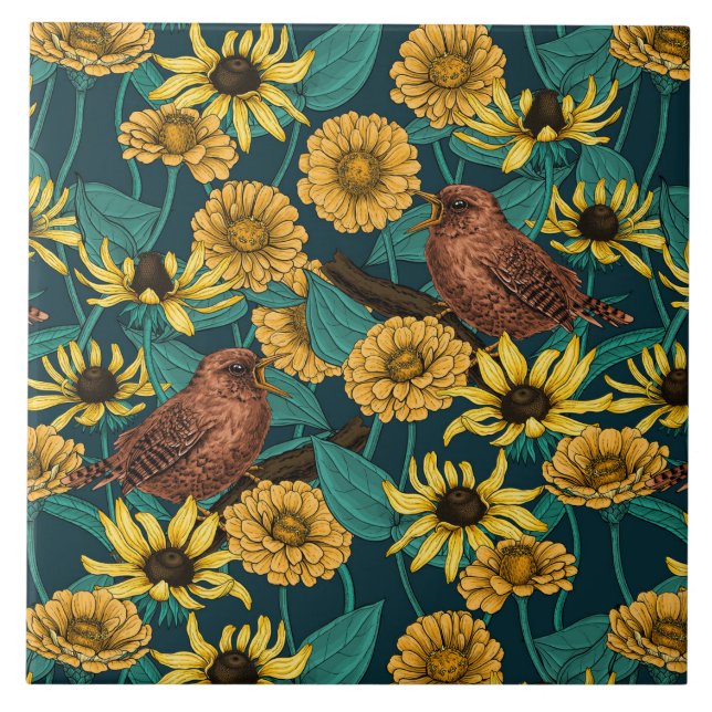 Wrens and flowers on dark blue tile (Front)