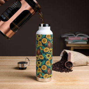 Wrens and flowers on dark blue water bottle