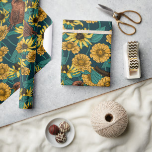 Wrens and flowers on dark blue wrapping paper