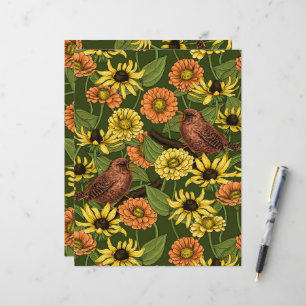 Wrens and flowers on green